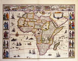 Karte von Afrika aus William Blaeus Atlas. Oben sind die Städte Tanger, Ceuta, Algier, Tunis, Alexandria, Alcair, Mosambik, Saint Georges de la Mina, Kanarische Inseln. Verschiedene Inseln sind auch vor Afrika dargestellt, die Maskarenen-Inseln, Mada