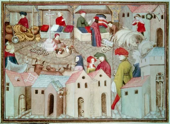 Markt von Champeaux in Paris. Vieh- und Geflügelhändler, Tuchhändler. Miniatur aus 