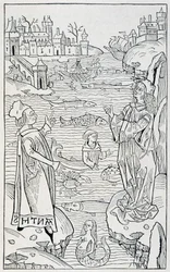 Meerestiere und Monster - Titelseite des Kapitels „De Piscibus“ von „Hortus Sanitatis“, Ausgabe Mainz von 1491