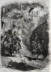 Marphise und die alte Frau treffen Pinabel - Gravur von 1851 aus „Roland furieux“ (Orlando furioso) (16. Jahrhundert) von Ludovico Ariosto, bekannt als der Ariosta - Ausgabe übersetzt aus dem Italienischen von Graf von Tressan und veröffentlicht von Gustav