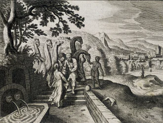 Hochzeit von Isaak und Rebekka. Gravur aus einer Bibel des 17. Jahrhunderts