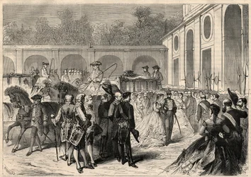 Hochzeit der Infantin Marie-Isabelle von Spanien (1851-1931) und Gaetan de Bourbon-Sicilies (1846-1871), Graf von Agrigento: Ankunft des Zuges an der Königlichen Basilika von Atocha.