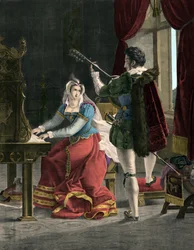 Maria Stuart und David Rizzio - Marie (Mary) Iere Stuart (1542-1587) mit David (Davide) Rizzio - Gravur aus dem 19. Jahrhundert