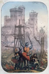 Mittelalterliches Leben - Angriff und Verteidigung einer Burg - Gravur aus „Usi e Costumi di Tutti i Popoli dell