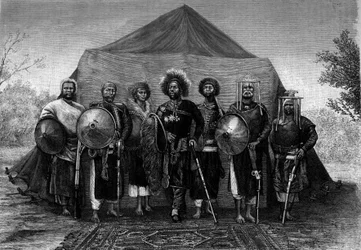 Menelik II. (1844-1913), König von Äthiopien, umgibt sich mit seinen Heerführern. Stich in „Le Journal de la jeunesse“