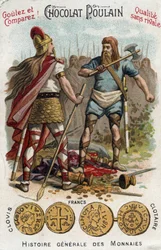 Merowinger: Chlodwig I. erschlägt den Soldaten, der das Gefäß von Soissons zerbrochen hatte, im Jahr 486. In Allgemeine Münzgeschichte. Schokoladen-Fohlen-Chromolithographie des späten 19. Jahrhunderts. Private Sammlung.