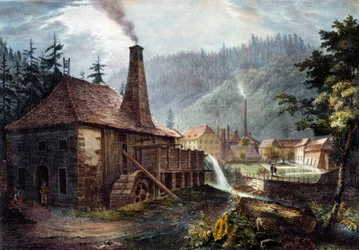 Metallurgie: Ansicht der Schmieden von Framont. Lithografie um 1850