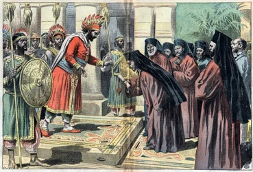 Mgr. Macaire umgibt 50 Priester, überreicht den Brief von Papst Leo XIII. an den König von Äthiopien Menelik, der antwortet: „Der Papst ist unser aller Vater“, Illustration aus der Zeitung Le Pelerin vom 3. Oktober