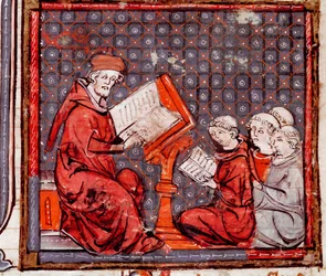 Mittelalter: Eine Philosophieklasse, der Lehrer und seine Schüler (Miniatur aus „Grandes Chroniques de France“)