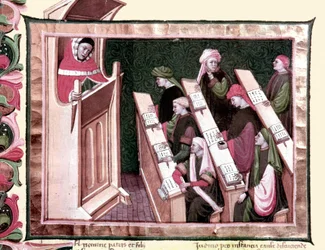 Mittelalter: Unterricht an einer Universität. Manuskript vom Anfang des 15. Jahrhunderts. Biblioteca Nazionale Centrale di Firenze.