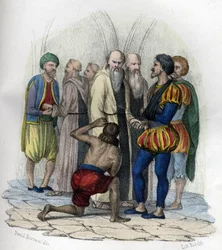 Miguel de Cervantes (1547-1616), spanischer Schriftsteller, gefangen genommen in Algier im Jahr 1575. In „Das alte und moderne Algerien“ von Léon Galibert. Italienische Ausgabe von 1846, koloriert.