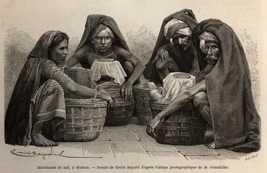 Milchhändler in den Straßen von Madras (heutiges Chennai, Tamil Nadu). Gravur zur Illustration der Reise in die südlichen Provinzen Indiens, von Alfred Grandidier, 1862-1864, veröffentlicht in „le tour du monde“, unter der Leitung von D