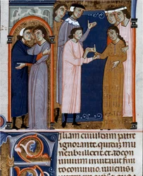 Miniatur Verlobungszeremonie aus „Decret de Gratien“ („Concordia discordantium canonum“ oder „Decretum Gratiani“) aus dem Jahr 1140, das die Gesetze und Kanones der römisch-katholischen Kirche regelt. 14. Jahrhundert Cesena Biblioteca Malatestiana