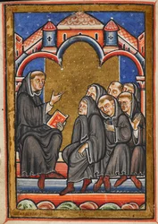 Miniatur von Cuthbert, der die Mönche im Kloster von Lindisfarne unterrichtet, aus Kapitel 16 von Bedes Prosa-Leben des St. Cuthbert