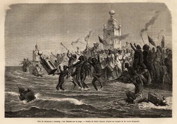 Moharum-Fest, gefeiert zu Beginn des Jahres von der islamischen Gemeinschaft Indiens, nach dem Bau von Taboons, goldenen Papiertempeln, die die Gräber der Imame nachahmen, und nach dem Durchzug durch die Straßen werden die Taboons ins Meer geworfen. Gravur