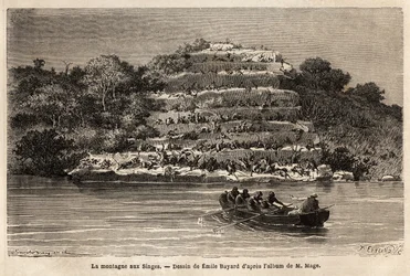 Affenberg, entlang des Senegal-Flusses, kurz nach den Gouina-Fällen (Mali). Gravur zur Illustration der Reise von Leutnant Mage im westlichen Sudan zwischen 1863 und 1866, veröffentlicht in „Le tour du monde, nouveau journal des voyages“