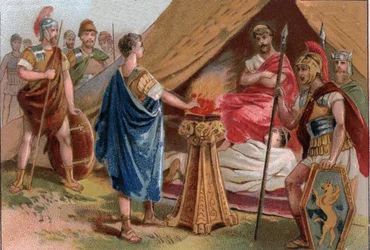 Mucius Scaevola vor Porsenna. Caius Mucius Scaevola, ein junger römischer Patrizier, gefangen von der königlichen Garde von Porsenna