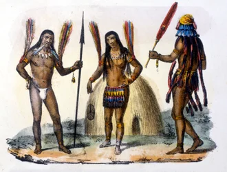 Mundrucu- und Jivaros-Indianer in Ecuador. Gravur 1846-48.