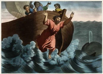 Jonas, verantwortlich gemacht für den Sturm, der das Schiff bedrohte, schlug vor, ihn über Bord zu werfen. Gott sandte einen Fisch, der den Propheten verschlang. Anonyme Gravur aus der Mitte des 19. Jahrhunderts.