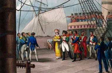 Napoleon vertraut auf die britische Redlichkeit - Napoleon Bonaparte an Bord der Bellerophon, des britischen Schiffes, das ihn am 15. Juli 1815 ins Exil nach St. Helena (St. Helena) brachte - Napoleon der Große, der sich der Großzügigkeit der britischen
