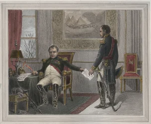 Napoleon unterzeichnet seine Abdankung 1814 - Napoleon Bonaparte in Fontainebleau während seiner ersten Abdankung, unterzeichnet im April 1814 - Gravur in „Les Fastes populaires“