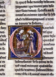 Nascion erhält das Buch (?). Manuskript: Eroberung des Heiligen Grals, geschrieben 717 Jahre nach der Passion unseres Herrn. Bibliothèque municipale de Rennes, ms. 255 (Sammlung von Romanen der Tafelrunde); Paris