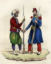 Einheimische und französische Jäger der französischen Armee Afrikas in Algerien 1830. In „Storia d