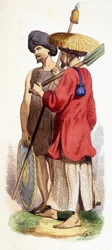 Einheimischer (vietnamesischer Ureinwohner) und cochinesischer Soldat. Vietnam um 1840.
