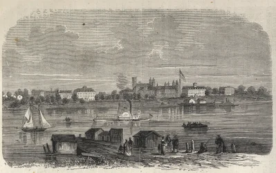New York State - Emigration Commission Establishment - Ward Island - Gravur in „Das illustrierte Universum“ von 1869