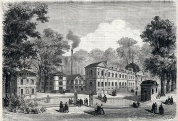 Neues Gebäude der kaiserlichen Porzellanfabrik in Sevres im Jahr 1868. Gravur in „L