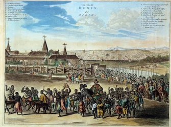 Nigeria Hauptstadt des Königreichs Benin feierlicher Auszug von König Houegbadja (1645-1689), in Obamey im Jahr 1680. Gravur von 1686. Paris, Afrikanische und Ozeanische Künste.