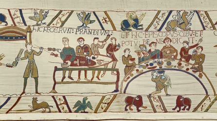 Normannische Diener bereiten ein Bankett für Wilhelm vor und Bischof Odo segnet das Mahl, Teppich von Bayeux