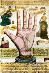 Okkulte Wissenschaften: die Hand mit ihren Linien zur Zukunftsdeutung. Tafel aus einer Chiromantie