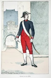 Friedensoffizier (1802). Farbradierung zur Illustration „Histoire du corps des gardiens de la paix“ Buch veröffentlicht unter der Schirmherrschaft von Louis Lepine (1846-1933) Polizeipräfekt der Seine, von Alfred Rey (1864-?) und Louis Feron (1862-?)