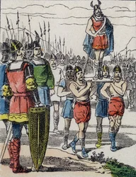 Nach dem Tod von Childerich I. wurde sein Sohn Chlodwig von den Salischen Franken zum König gewählt, die ihn auf dem Schild durch das Lager trugen (Gravur)