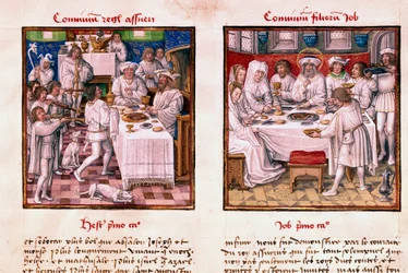 Links das Fest von Assuerus I. (Xerxes I.). Rechts das Fest der Kinder von Hiob. Miniatur aus dem Manuskript „Le Miroir de l