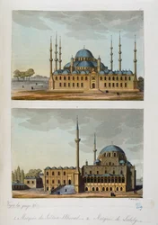 Osmanisches Reich: Blaue Moschee (oder Sultan-Ahmed-Moschee) erbaut von Sultan Ahmed I. und Laleli-Moschee in Istanbul - in „Das alte und moderne Kostüm“ von Ferrario, hrsg. Mailand