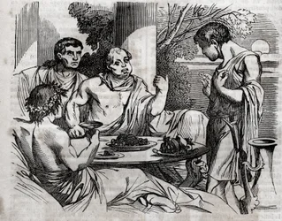 Freiluftbankettszene - Vitellius (Aulus Vitellius Germanicus Imperator Augustus), römischer Kaiser (15-69), gibt ein Fest - Gravur in „The Universal Health - Medical Guide for Families“ 1852
