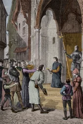 PERKIN WARBECK (ca. 1474-1499) flämischer Hochstapler; gab sich als Richard, Herzog von York, zweiter Sohn von Edward IV, aus - Liest sein Geständnis vor der Westminster Hall, London