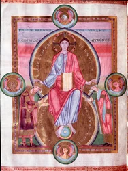 Seite aus der Kaiserbibel: Christus umgeben vom Tetramorph, zwischen Kaiser Heinrich III. und seiner Frau Agnes von Poitou (Miniatur)