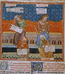 Seite eines Manuskripts, das die Allegorien von Arithmetik und Geometrie darstellt