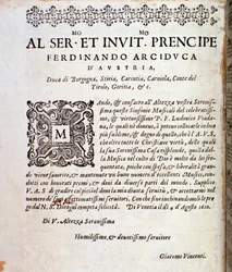 Widmungsseite an Ferdinand von Österreich in der Partitur von Sinfonie musicali von Ludovico Viadana