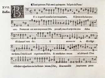 Seite einer Partitur von Beati quorum psalm XIII von Willaert (1538)