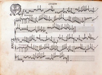 Seite der Partitur von Harmonice Musices Odhecaton von Ottaviano Petrucci (1501)