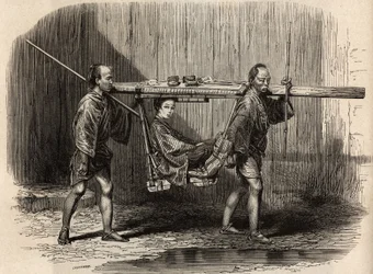 Palanquin zur Nutzung durch das Volk, offen, der Benutzer legt seine Sachen auf das Dach, bevor er sich niederlässt, um seine Reise zu machen. Gravur zur Illustration der Reise nach Japan in den Jahren 1863-1864 von Aimé Humbert, Minister der Schweizerisch
