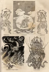 Pantheon der japanischen Gottheiten, traditionelle Darstellung einiger typischer Figuren: die Himmelskönigin flankiert von zwei Wachen; der Maki Tats, Drache des Taifuns und der Waffenmeister. Gravur zur Illustration der Reise nach Japan in den Jahren 1863