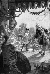 Paris, die Tuilerien (1721): König von Frankreich Ludwig XV. (1710 - 1774) zeigt sich auf dem Balkon der Tuilerien. Gravur des 19. Jahrhunderts. In „Histoire de France“ von Jules Michelet