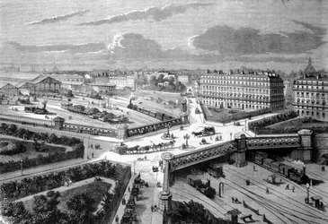 Paris, der neue Platz Europas an den westlichen Eisenbahnen. 1868. Gravur aus dem 19. Jahrhundert
