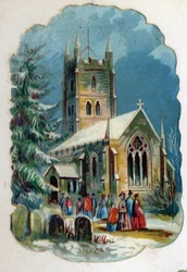 Pfarrangehörige gehen zur Sonntagsmesse in eine Kirche. Chromolithographie um 1890.
