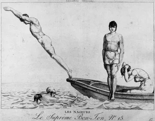 Pariser Karikatur: Schwimmer, Männer tauchen von einem Boot - der höchste Bon-Ton, Nr. 15, Musée Carnavalet